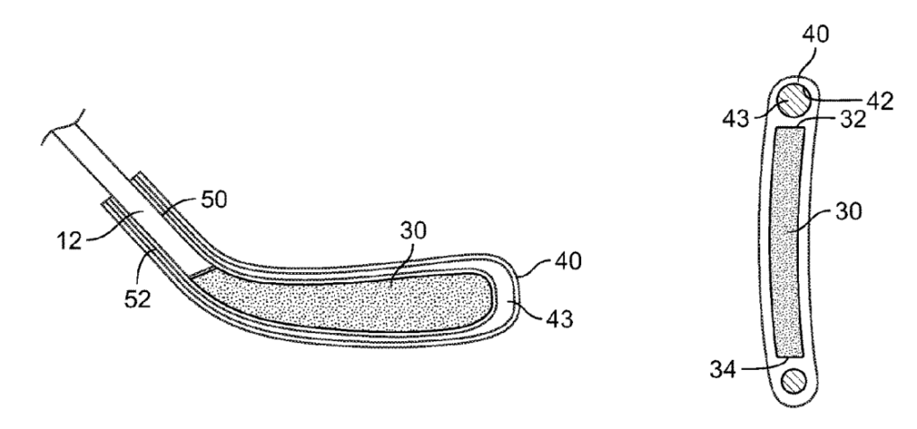 Patent illustration showing tubular composite perimeter reinforcement in a hockey blade,