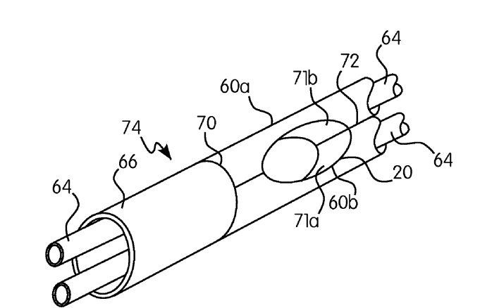 Patent illustration showing two composite tubes joining into a larger tubular structure with an integrated functional opening.